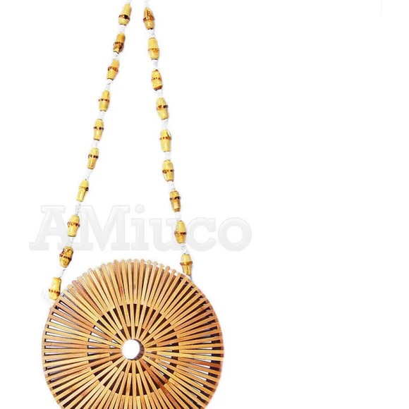 Womens Round Bamboo Bag Large Tote Lady Bag Shoulder Bag Handmade Basket Handbag - Picture 5 of 9